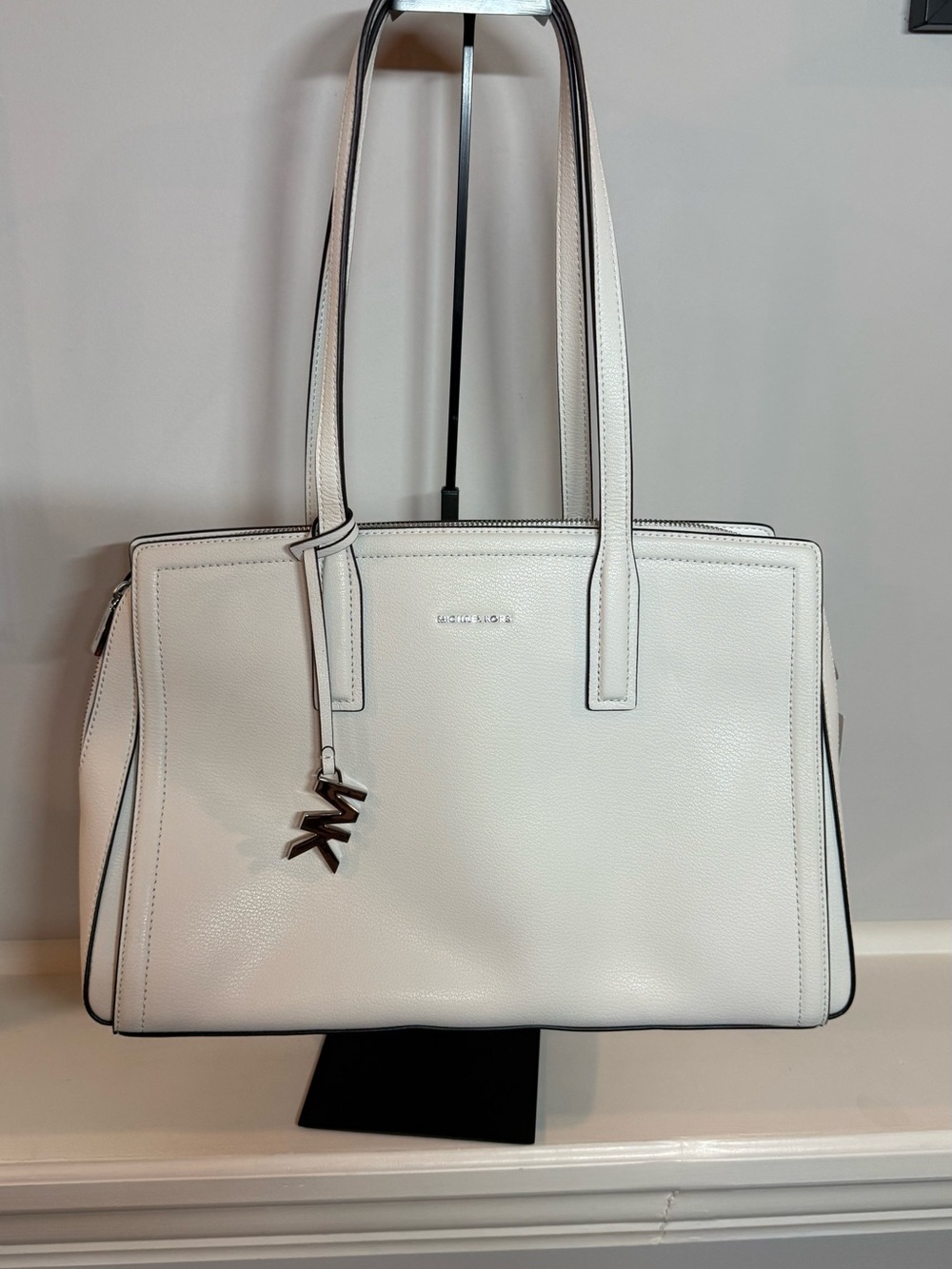 Michael Kors White Pebbled Leather Tote with MK Charm
